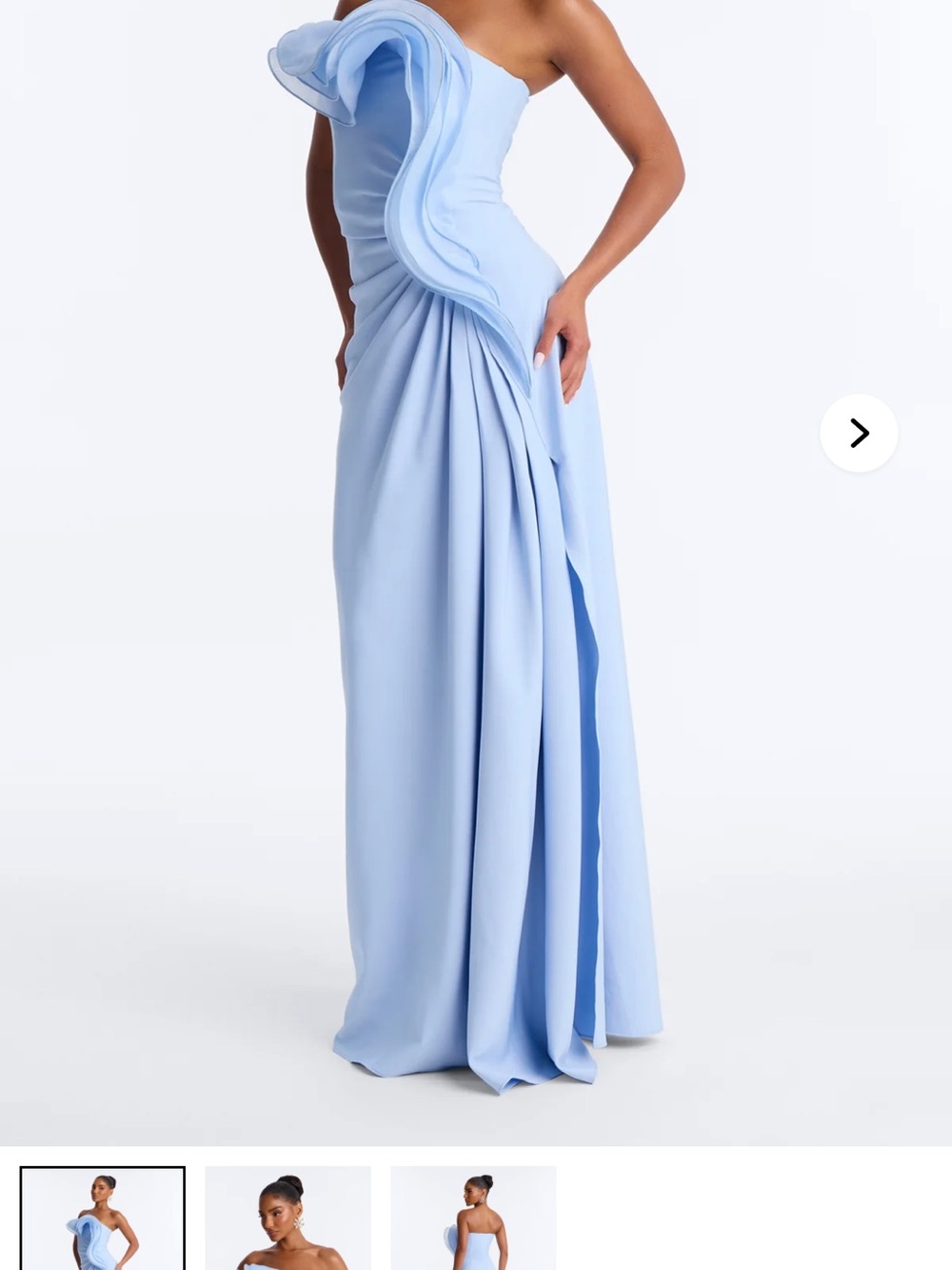 Fashion Nova One-Shoulder Light Blue Ruffled Gown
